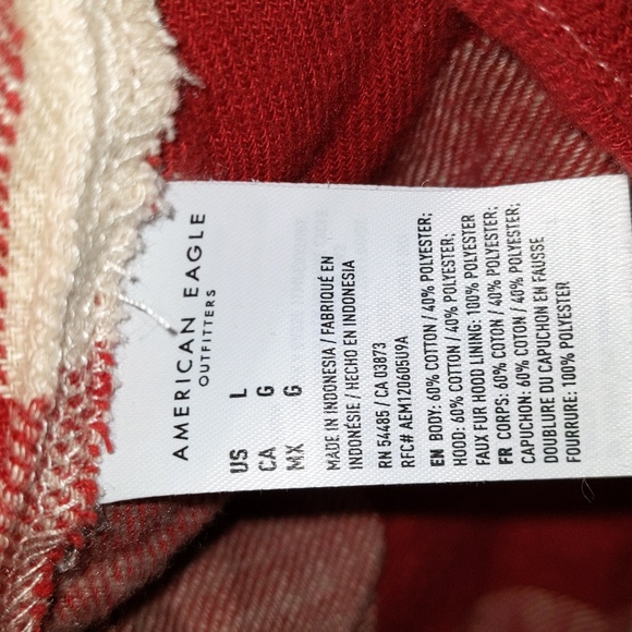 American Eagle Size L Red White Plaid Plush Hood Button Down Shirt Shacket - Picture 5 of 8